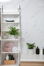 Beautiful green ferns, towels and toiletries in bathroom