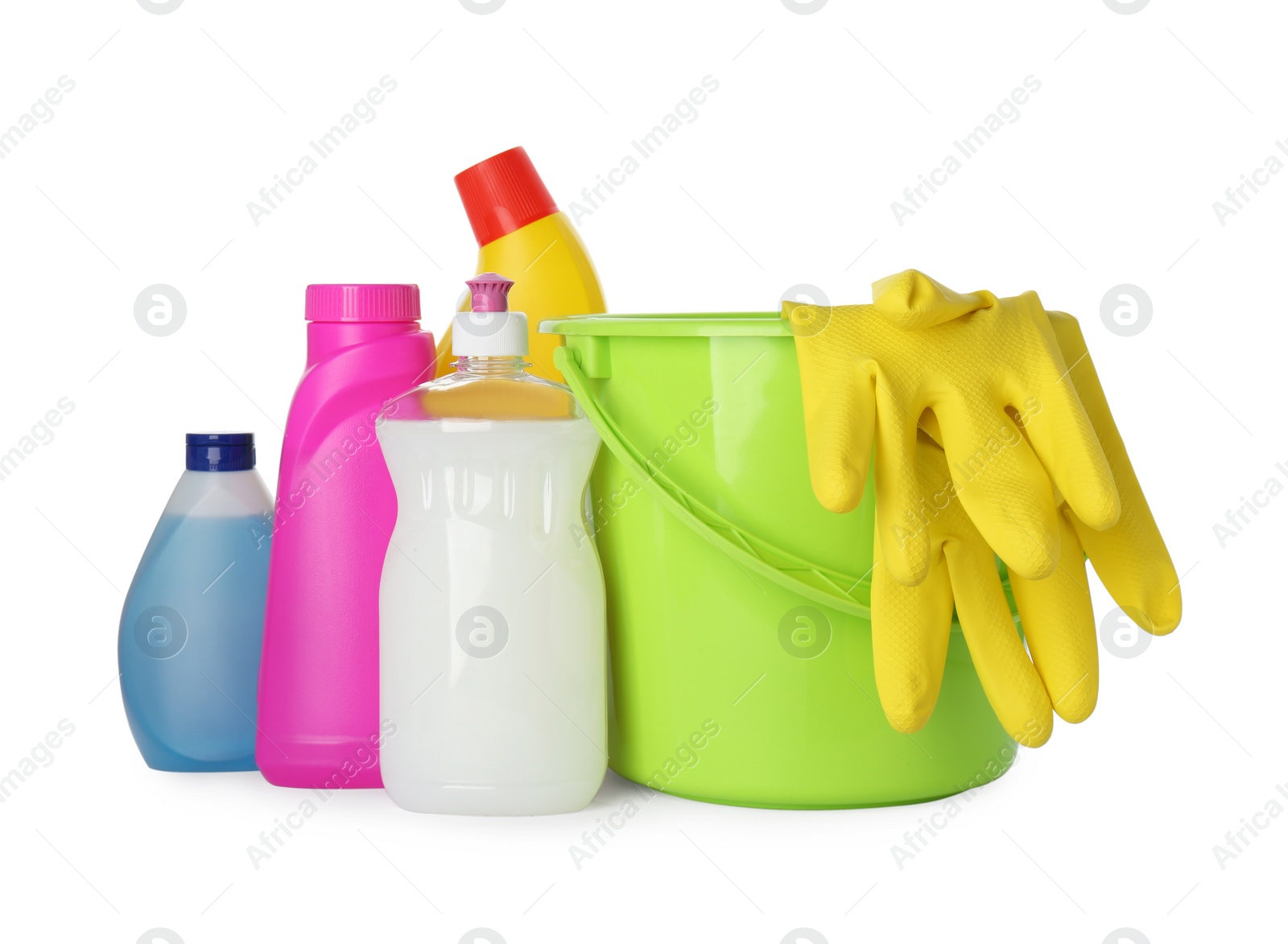 Photo of Set of different cleaning supplies and tools on white background