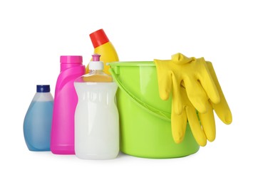 Photo of Set of different cleaning supplies and tools on white background
