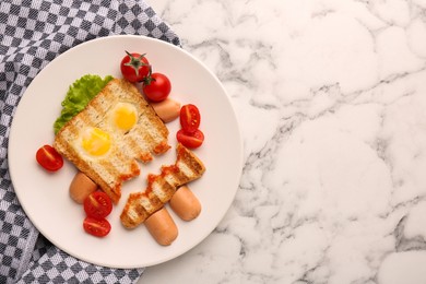 Photo of Cute monster sandwich with cherry tomatoes, fried eggs and sausages on white marble table, flat lay and space for text. Halloween snack