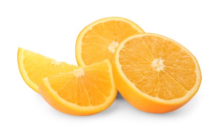 Photo of Cut fresh ripe oranges on white background