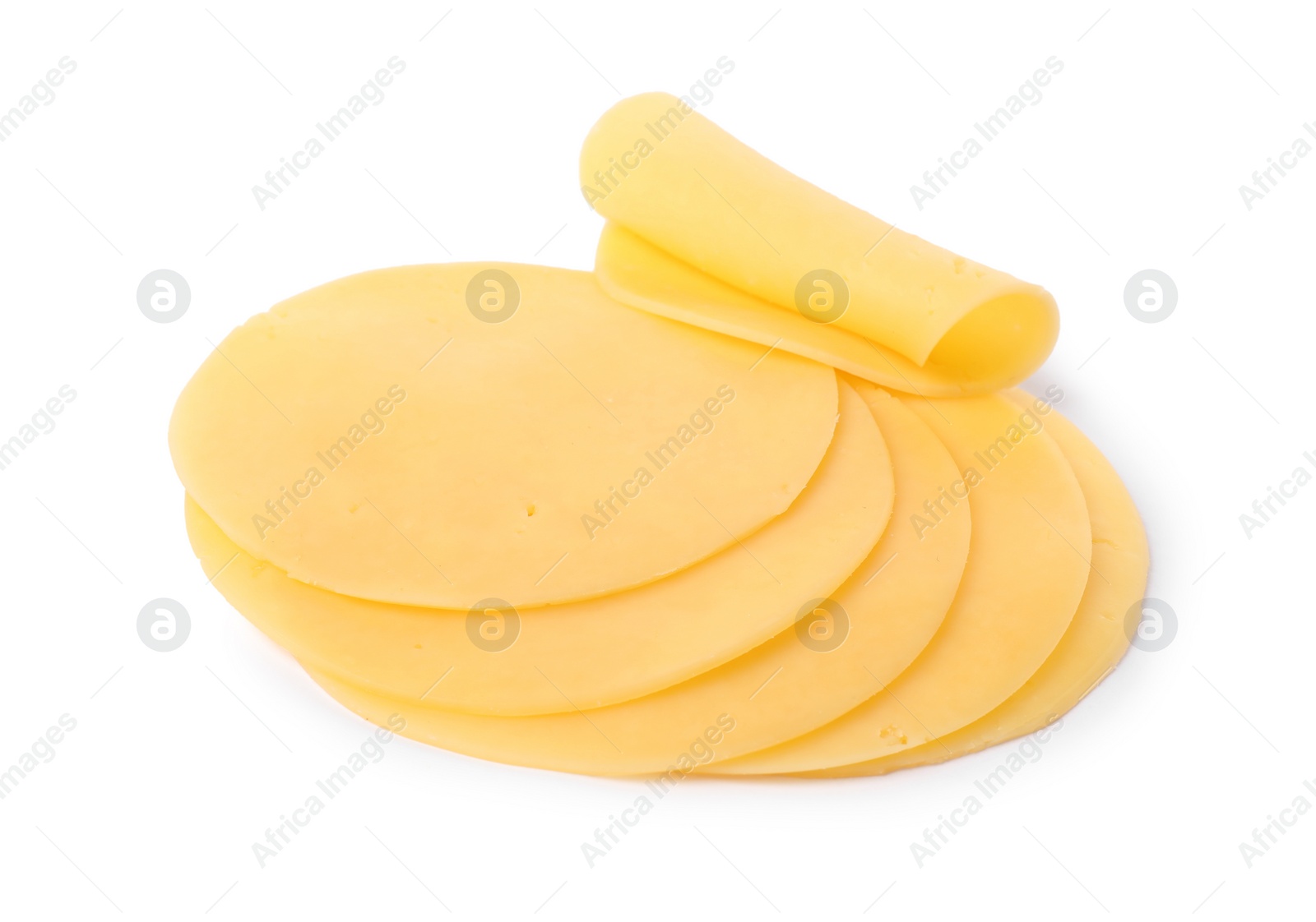 Photo of Slices of tasty fresh cheese isolated on white