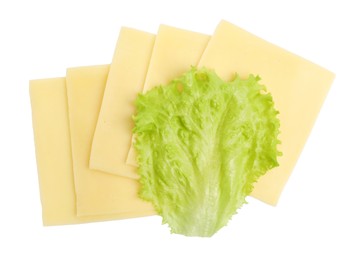 Photo of Slices of tasty fresh cheese and lettuce isolated on white, top view