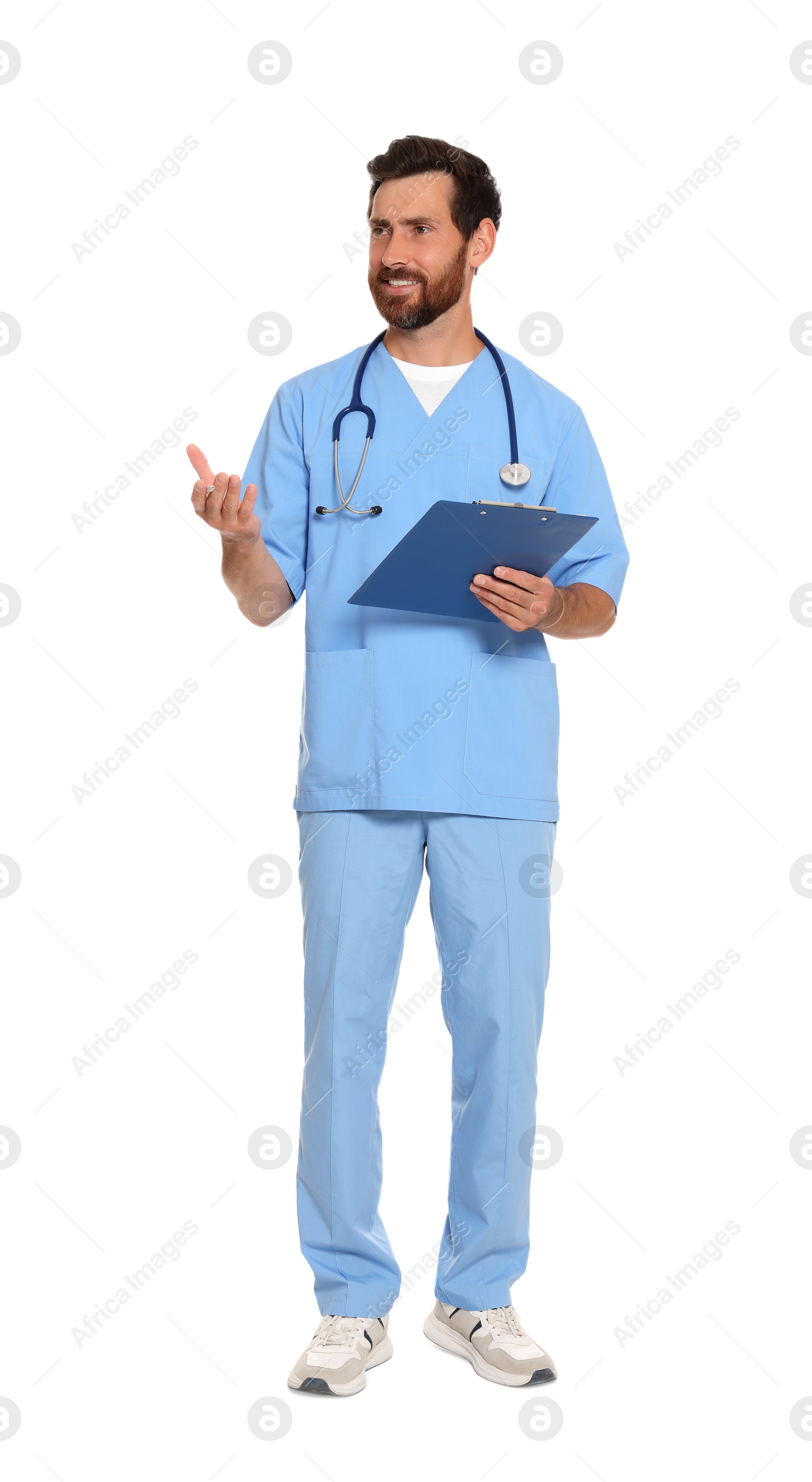 Photo of Full length portrait of doctor with clipboard on white background