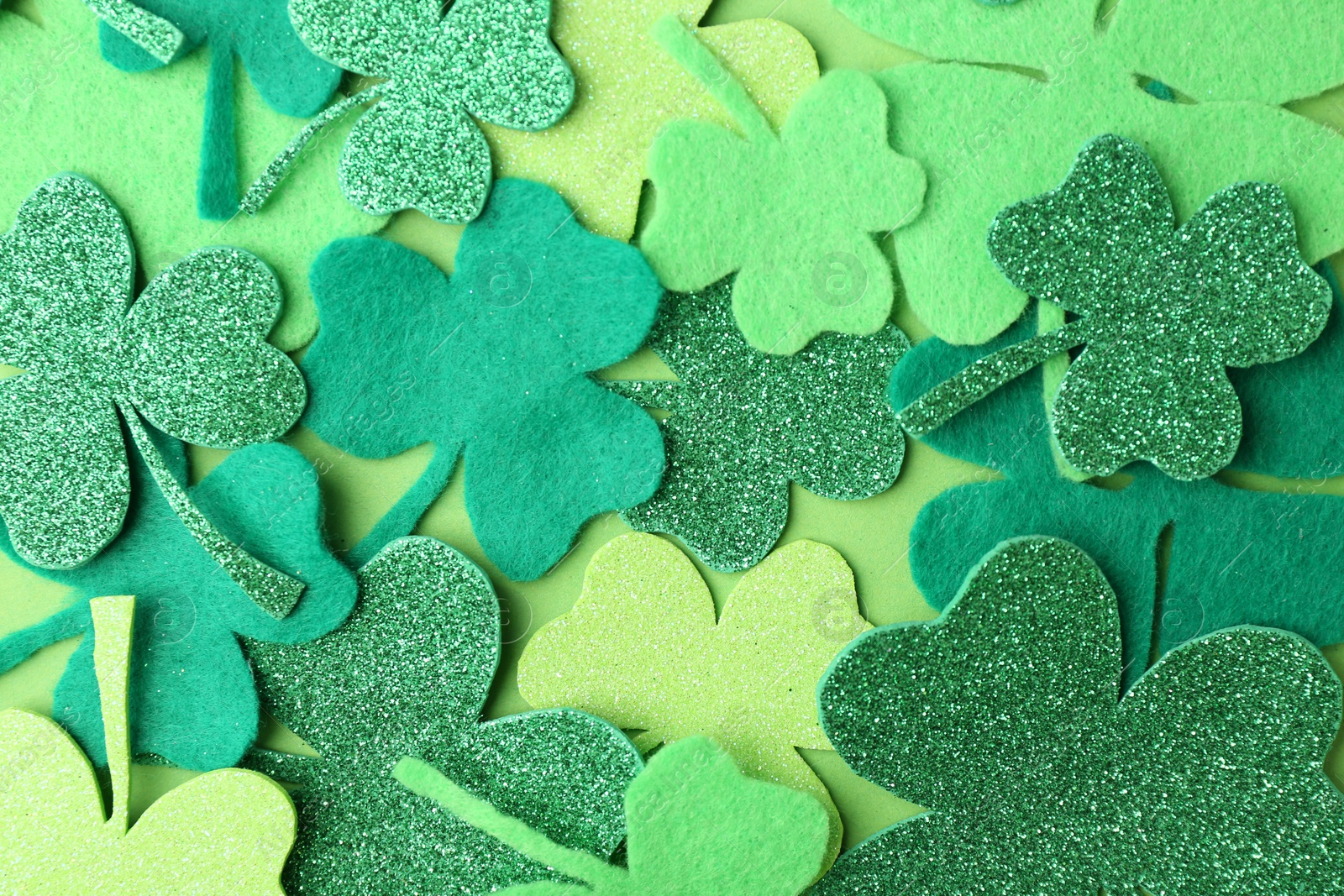 Photo of St. Patrick's day. Decorative clover leaves on green background, top view