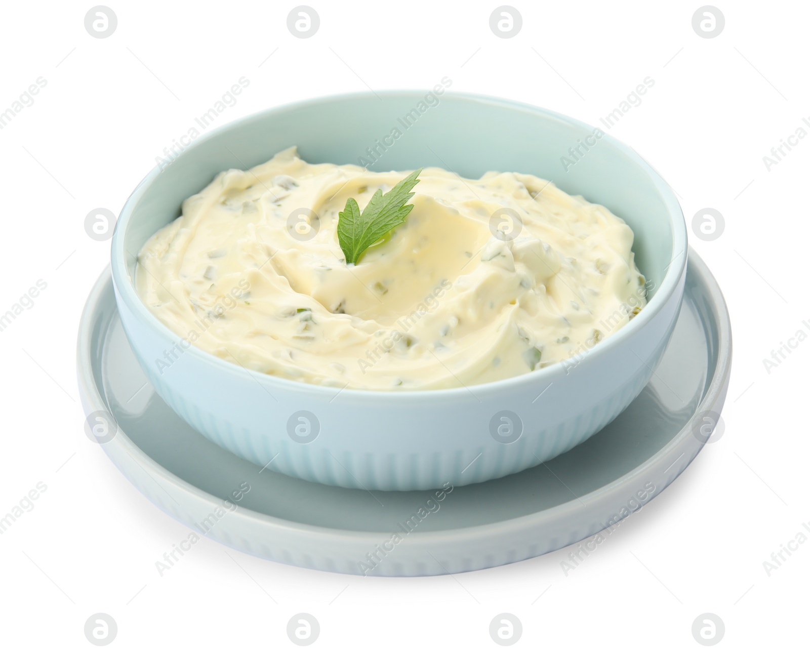 Photo of Tartar sauce in bowl isolated on white