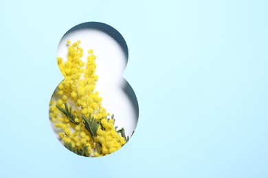 Photo of 8 March greeting card design with mimosa flowers and space for text, top view. Happy International Women's Day