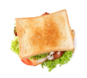 Photo of Yummy sandwich isolated on white, above view