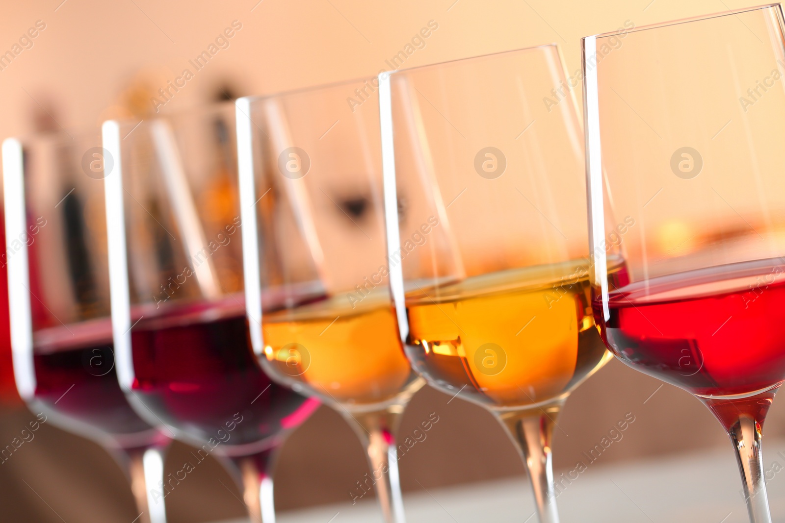 Photo of Row of glasses with different wines against blurred background, closeup