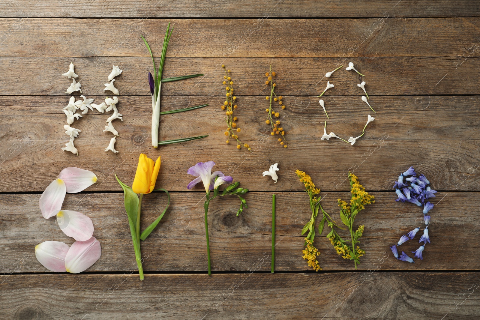 Photo of Words HELLO SPRING made of fresh flowers on wooden table, flat lay