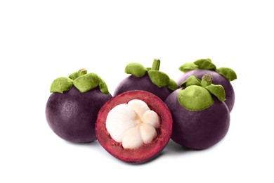 Fresh ripe mangosteen fruits on white background