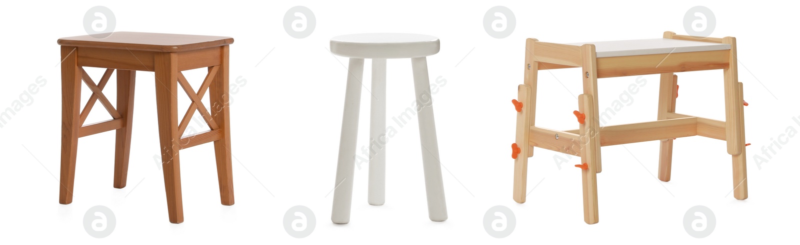 Image of Set with stylish stools on white background. Banner design