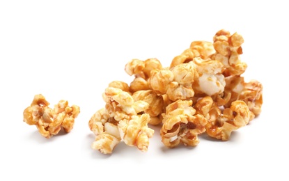 Pile of delicious caramel popcorn on white background