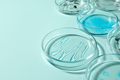 Photo of Petri dishes with liquids on turquoise background. Space for text
