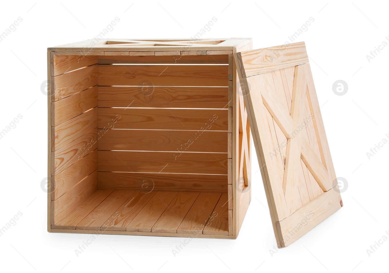 Photo of Open wooden crate with lid isolated on white