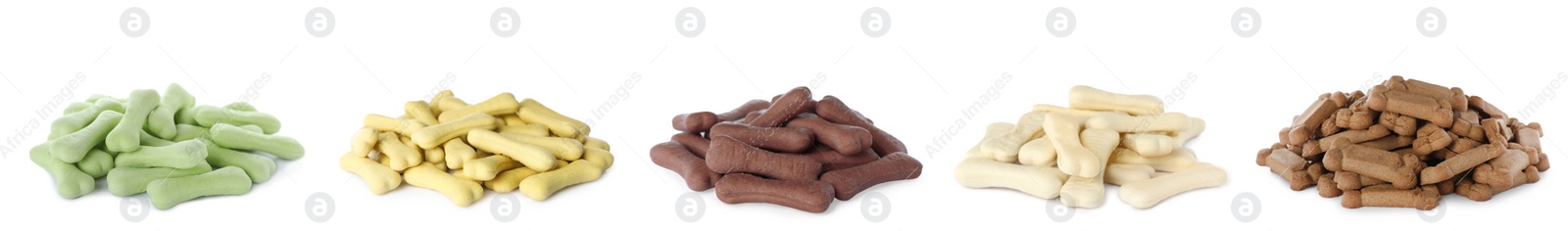 Image of Set with piles of different bone shaped dog cookies on white background. Banner design