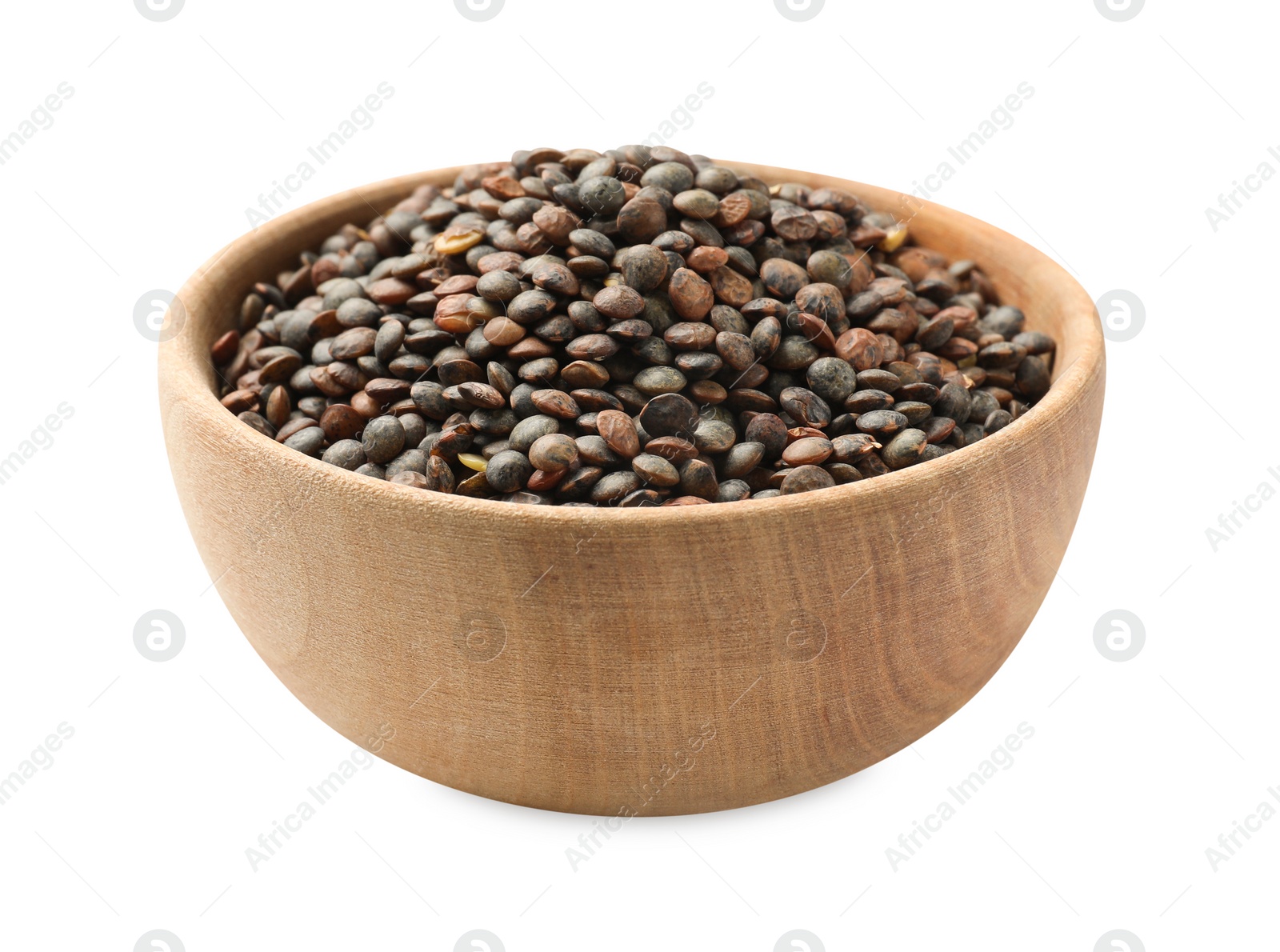 Photo of Raw lentils in bowl isolated on white