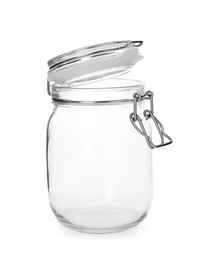 Photo of Empty glass jar on white background