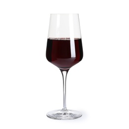 Glass of delicious expensive red wine on white background