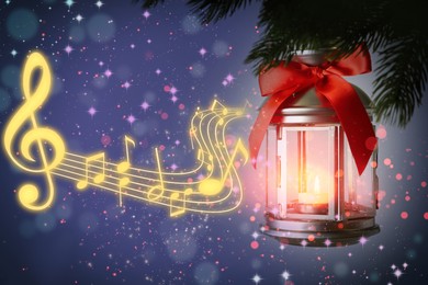 Image of New Year and Christmas music. Lantern hanging from fir tree branch and music notes on color background
