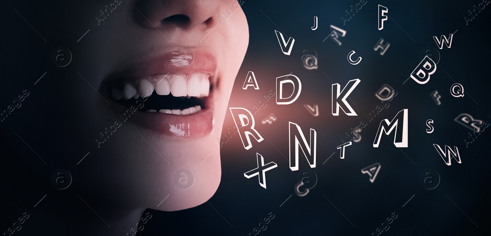 Image of Smiling woman and letters on dark background, closeup. Banner design