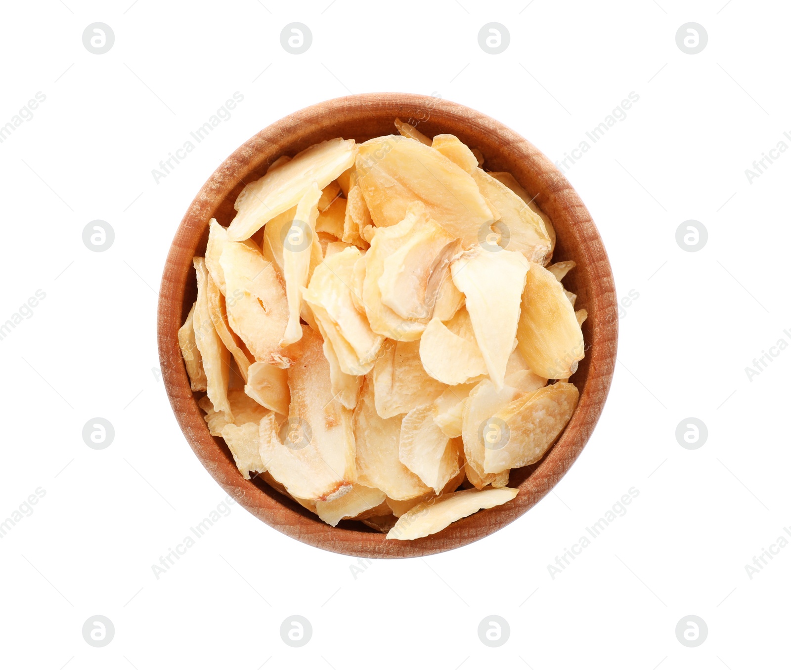 Photo of Small bowl with dried garlic flakes on white background. Different spices for cooking