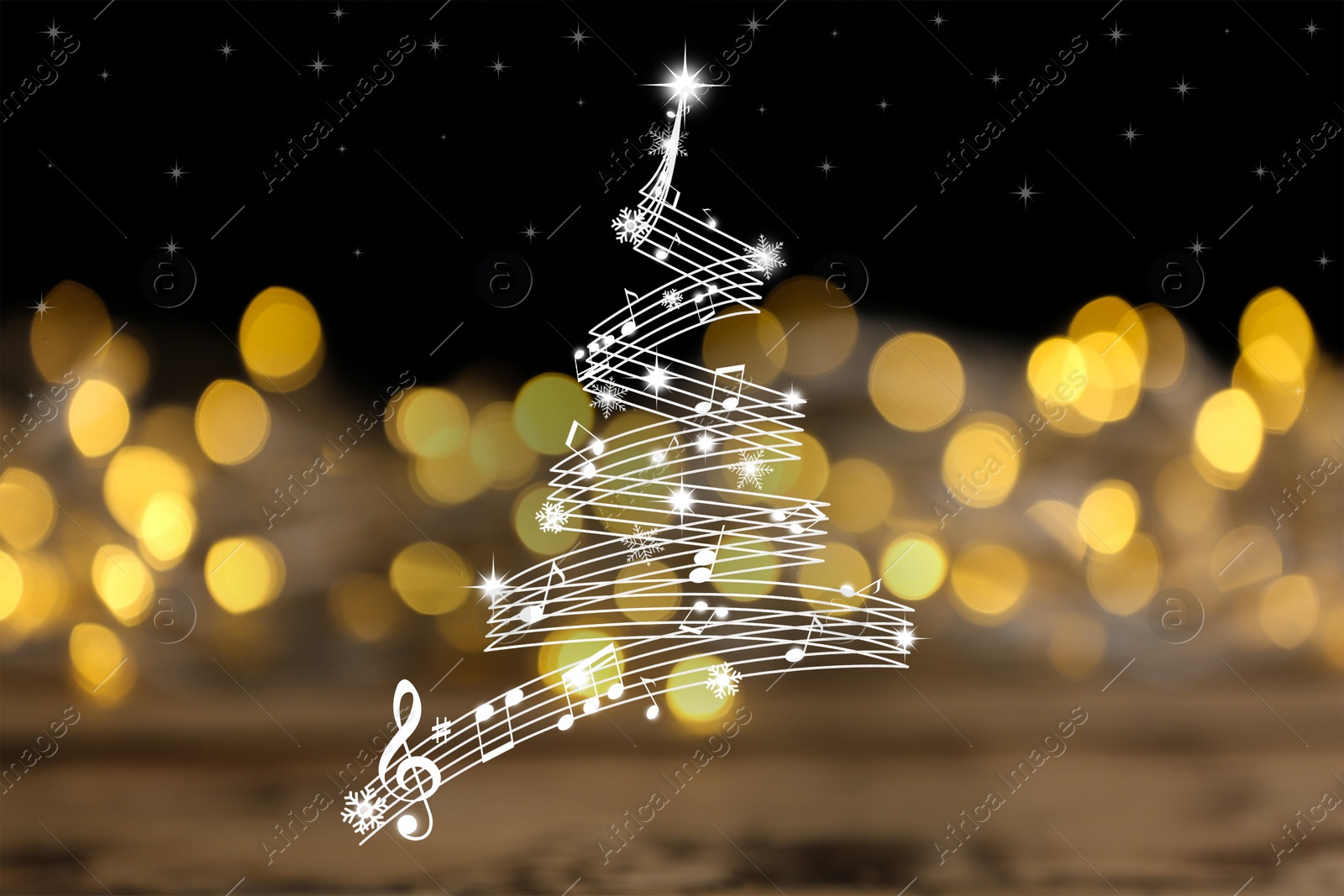 Image of Christmas tree made of music notes and snowflakes on black background. Bokeh effect