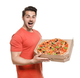 Photo of Attractive young man with delicious pizza on white background