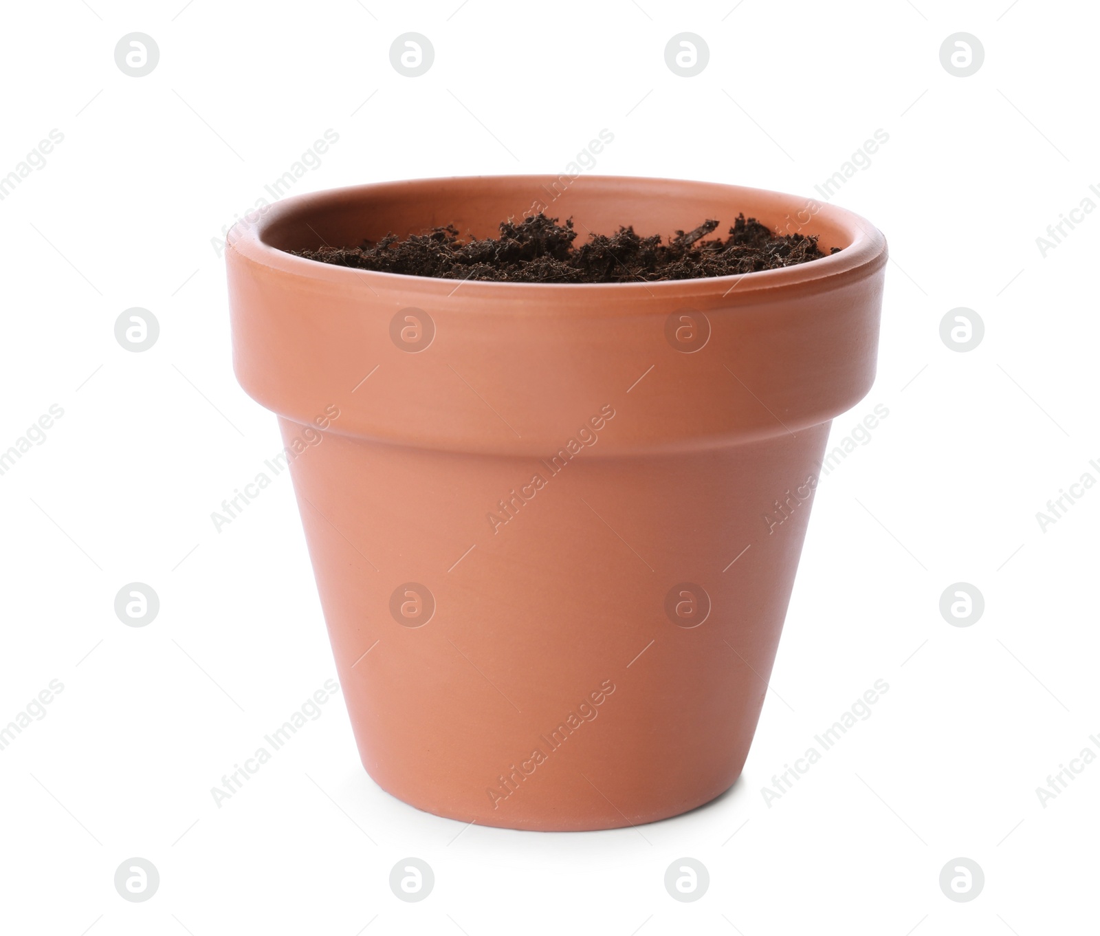 Photo of Stylish terracotta flower pot with soil isolated on white