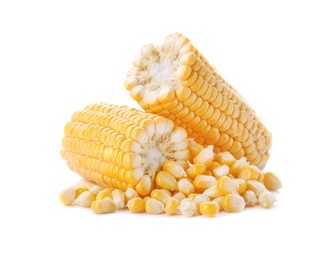 Photo of Tasty sweet corn cob on white background