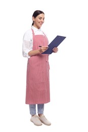 Young woman in red striped apron with clipboard on white background