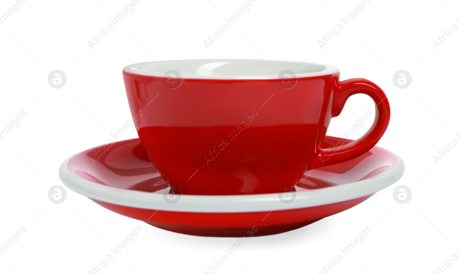 Photo of One red ceramic cup isolated on white