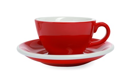 Photo of One red ceramic cup isolated on white