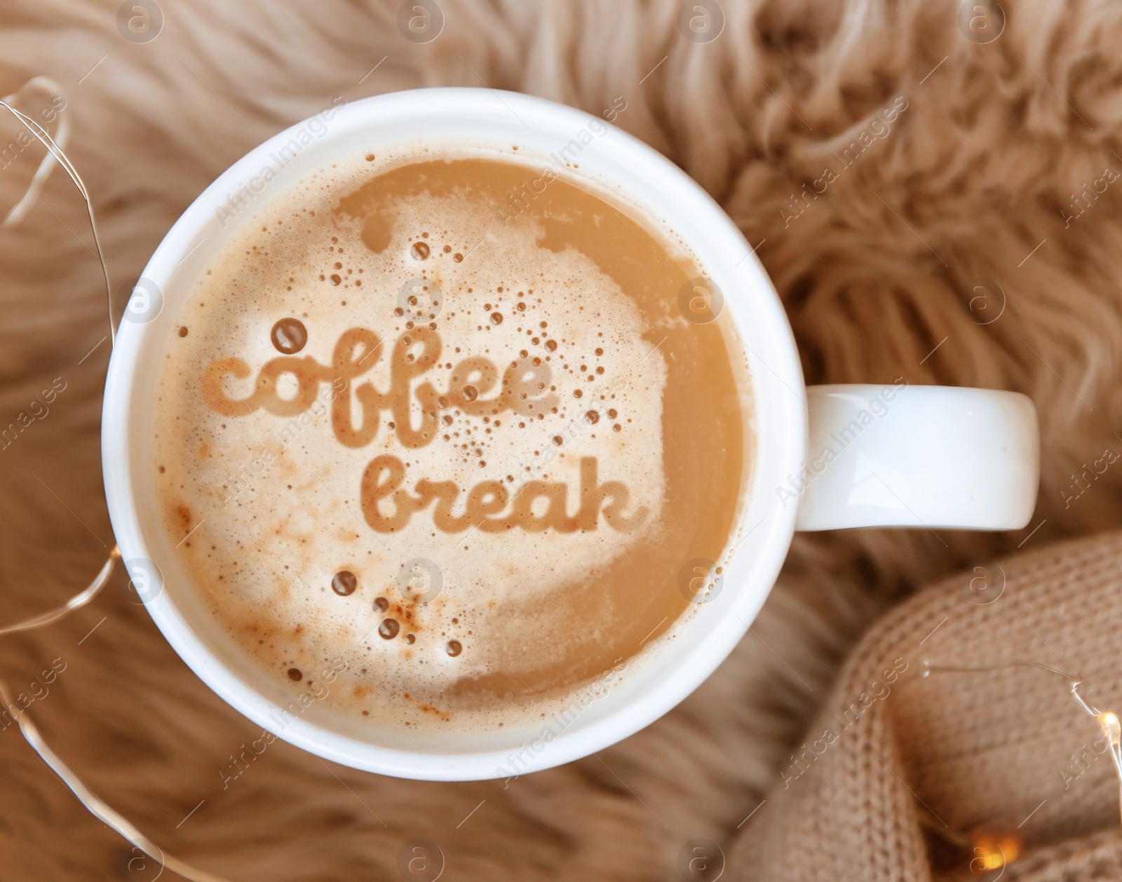 Image of Cup of aromatic americano with milk and phrase Coffee Break, top view  