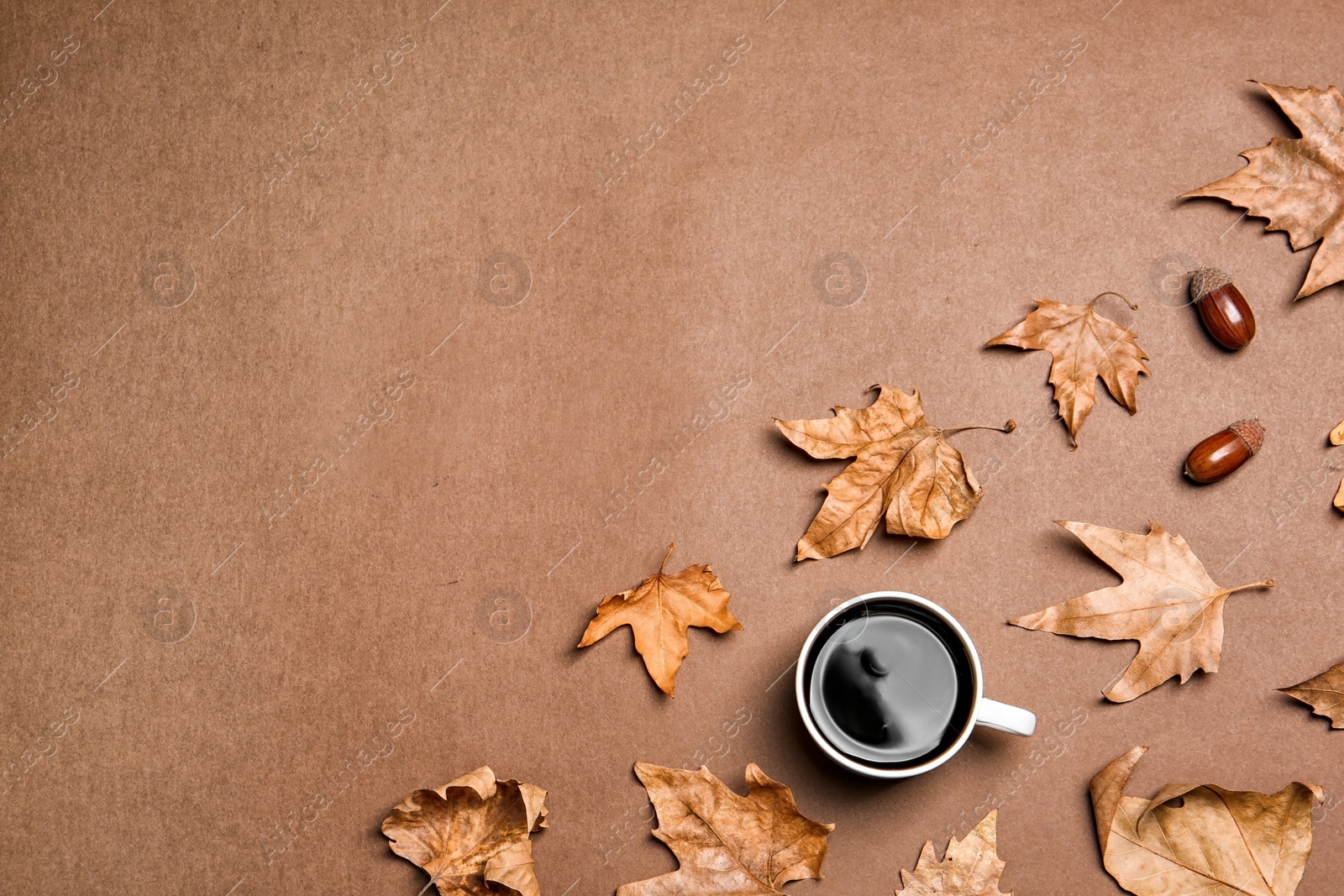 Photo of Flat lay composition with hot cozy drink and autumn leaves on color background. Space for text
