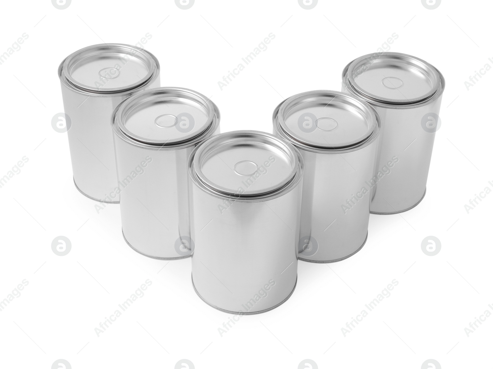 Photo of Many cans of paints on white background