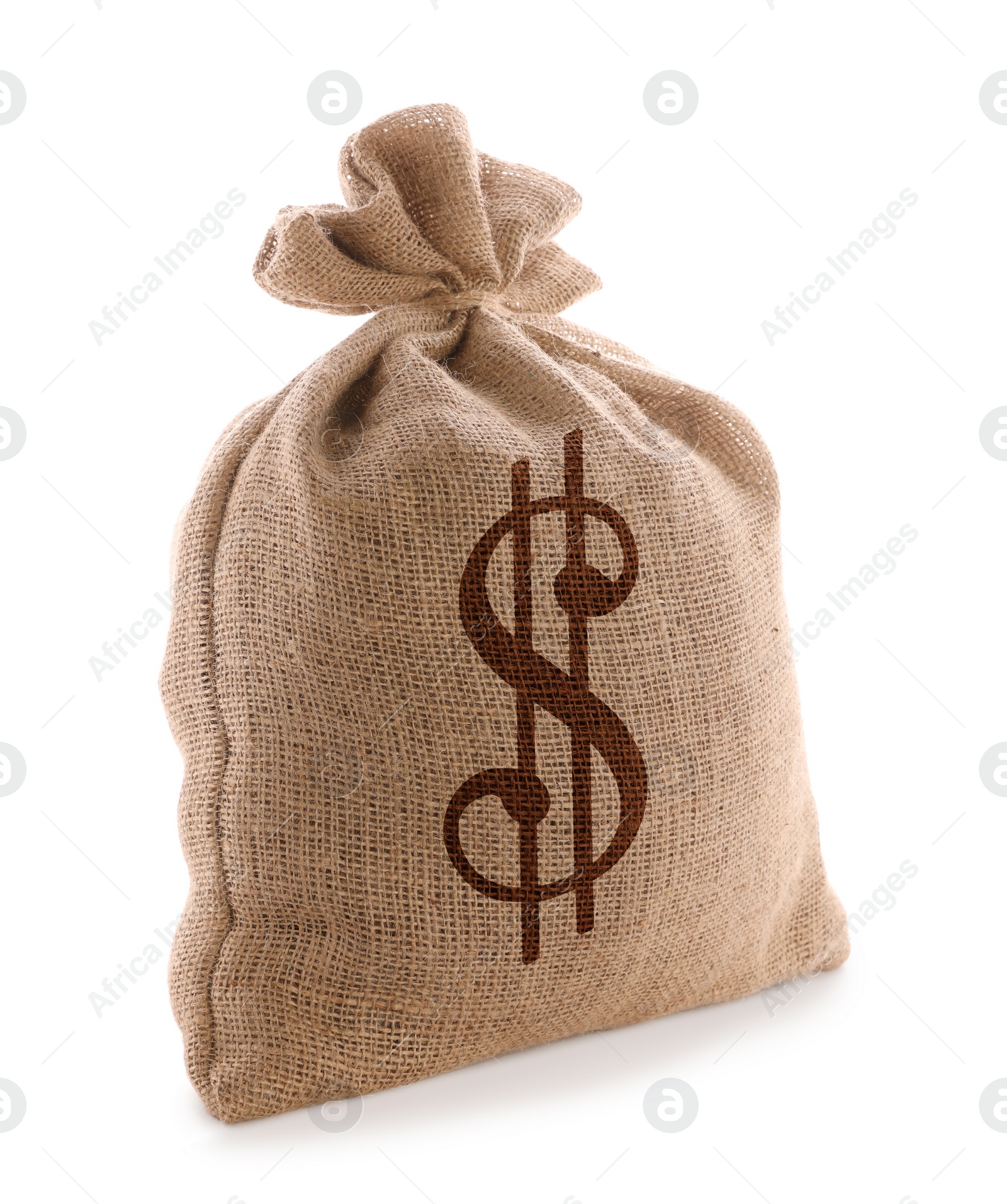 Image of Burlap bag with dollar sign on white background