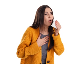 Photo of Beautiful young woman coughing against white background