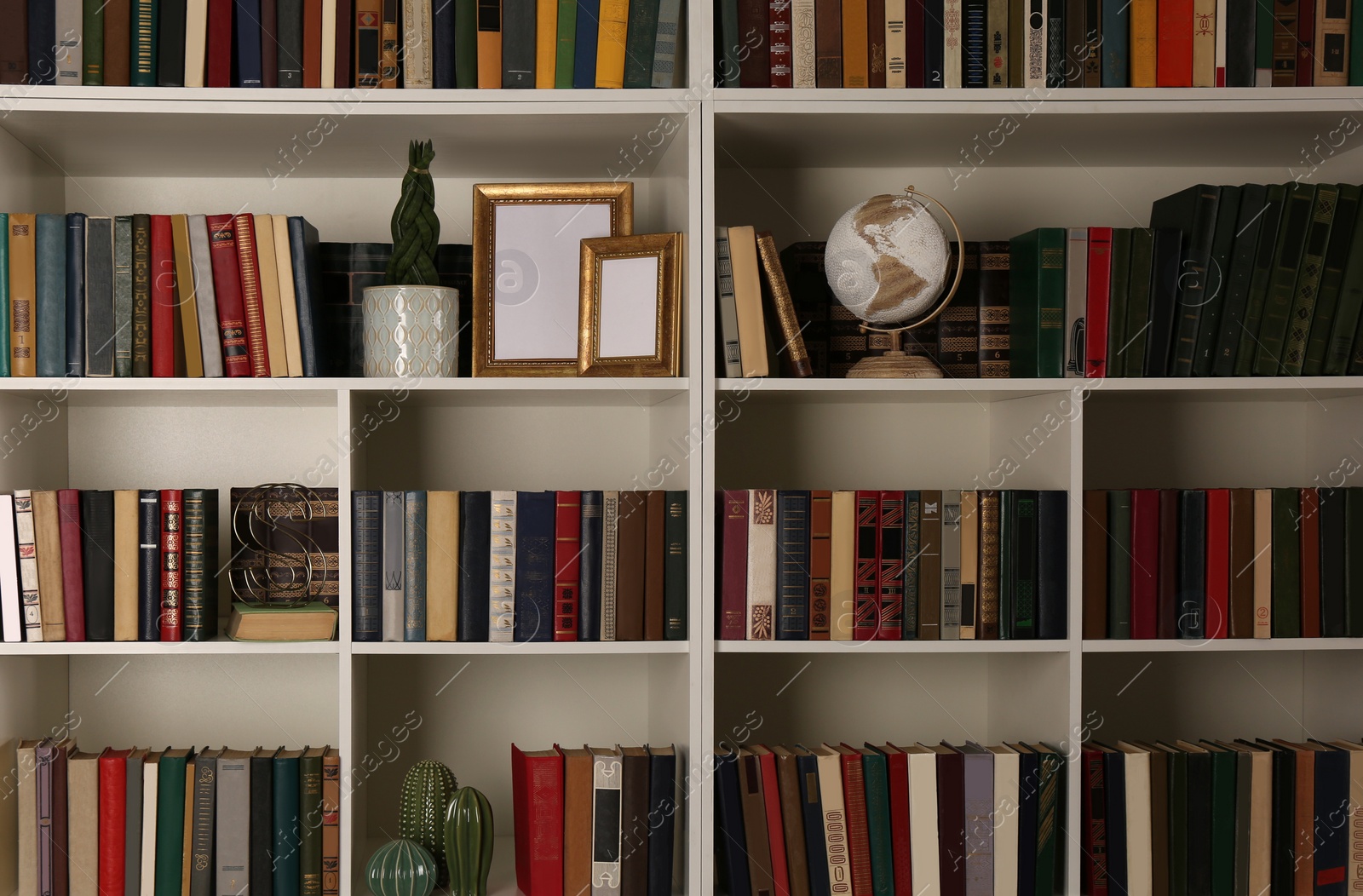 Photo of Collection of books and decor elements on shelves. Home library