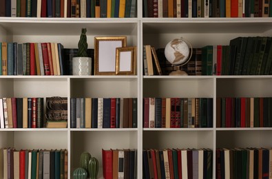 Collection of books and decor elements on shelves. Home library