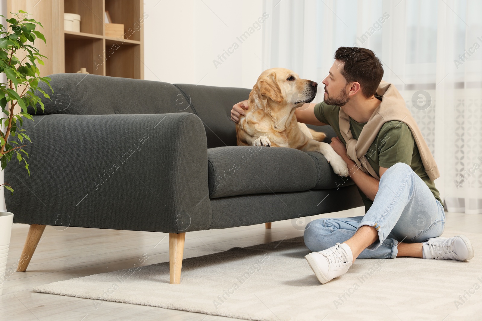 Photo of Happy man with his cute Labrador Retriever at home