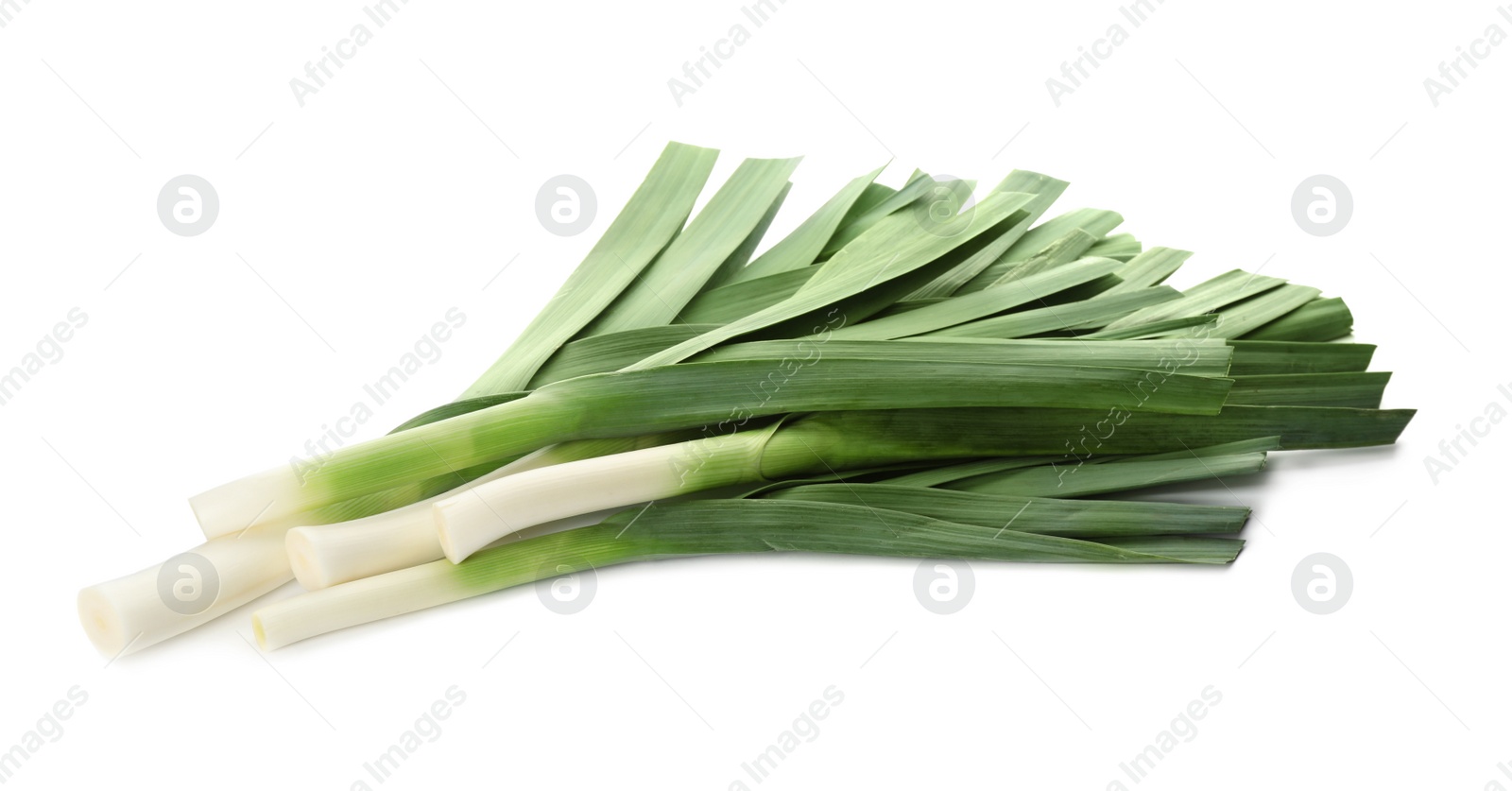 Photo of Fresh raw leeks on white background. Ripe onion