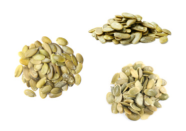 Image of Set of raw pumpkin seeds on white background