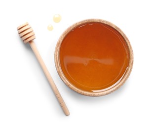 Tasty honey in bowl and dipper on white background, top view. Space for text