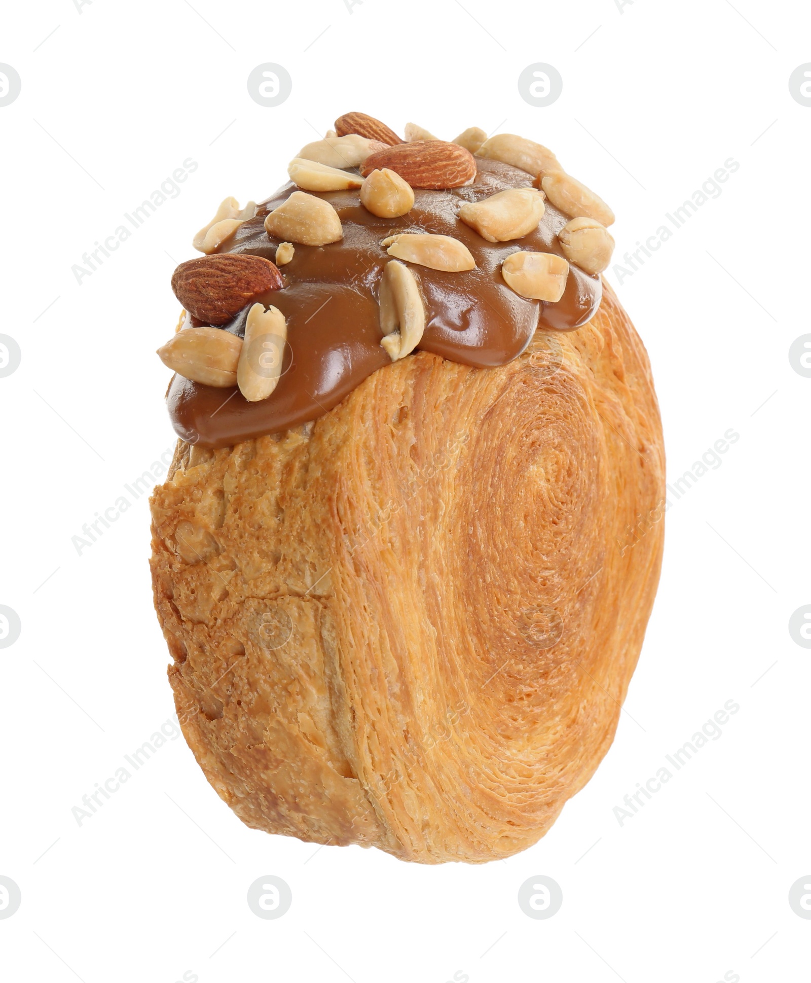 Photo of One supreme croissant with chocolate paste and nuts on white background. Tasty puff pastry