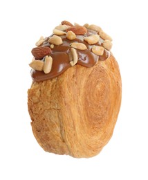 One supreme croissant with chocolate paste and nuts on white background. Tasty puff pastry