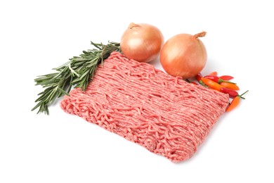 Photo of Fresh raw ground meat, rosemary, onion and chili peppers isolated on white