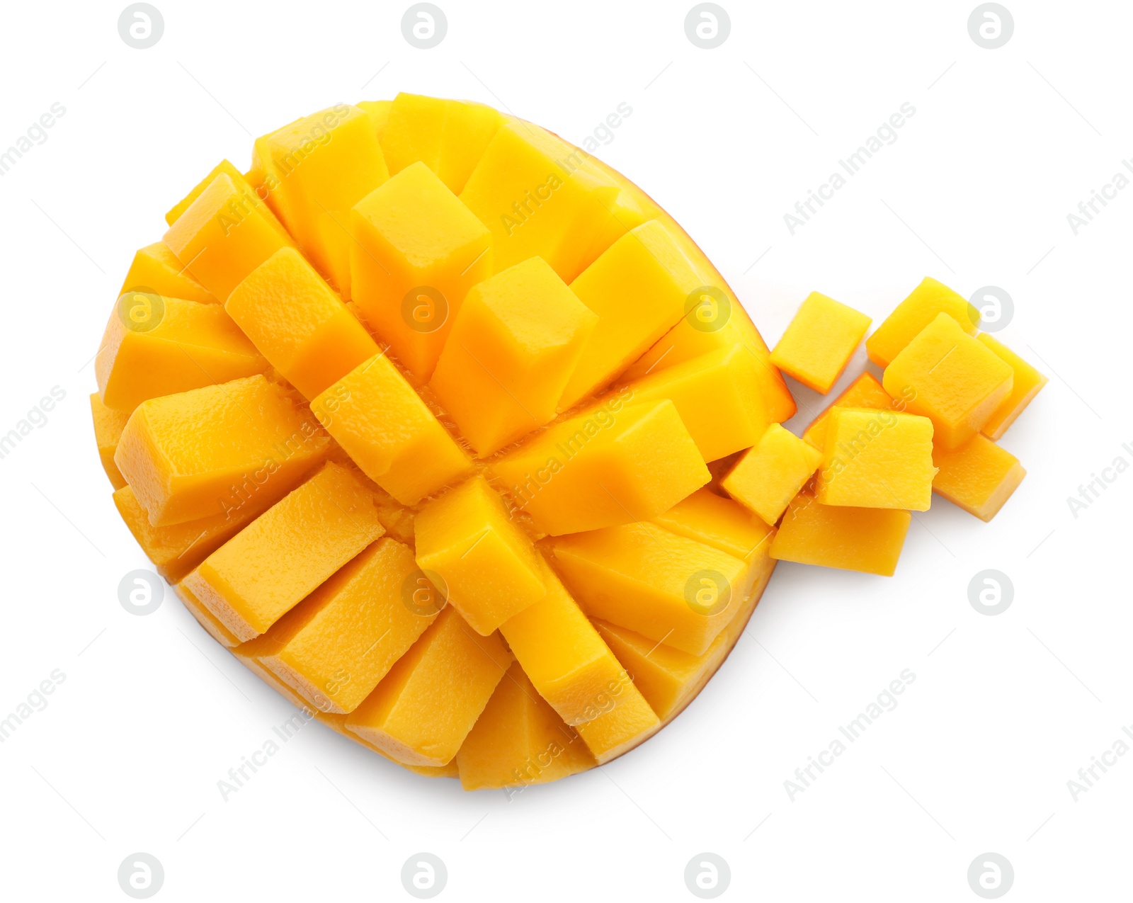 Photo of Cut ripe mango isolated on white, top view. Exotic fruit