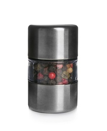 Photo of Manual grinder with mix of peppercorns on white background