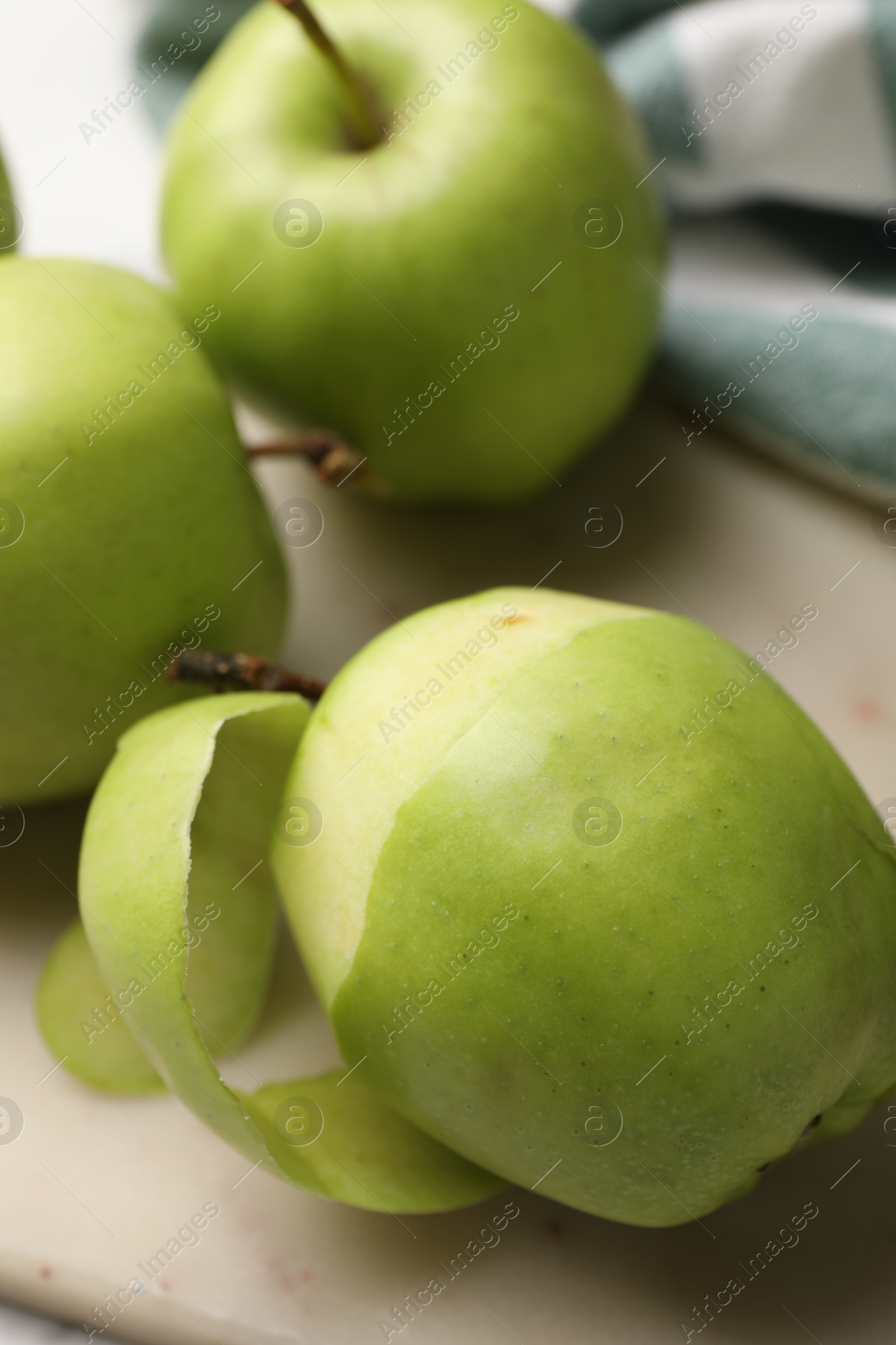 Photo of Ripe green apples on table, closeup view
